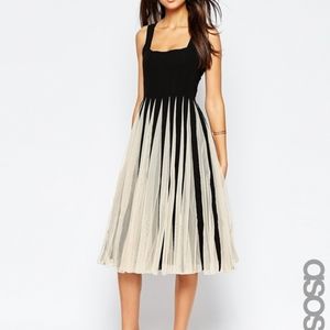 ASOS Black Mesh Insert Square Neck Fit And Flare Midi Dress Sz 0